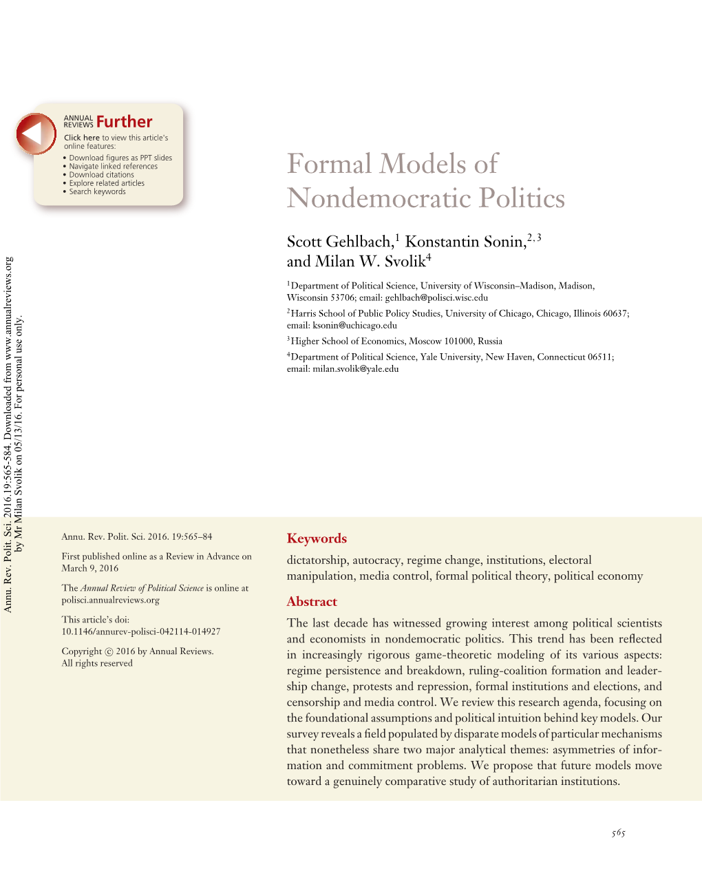 Formal Models of Nondemocratic Politics 567 PL19CH29-Gehlbach ARI 31 March 2016 22:11