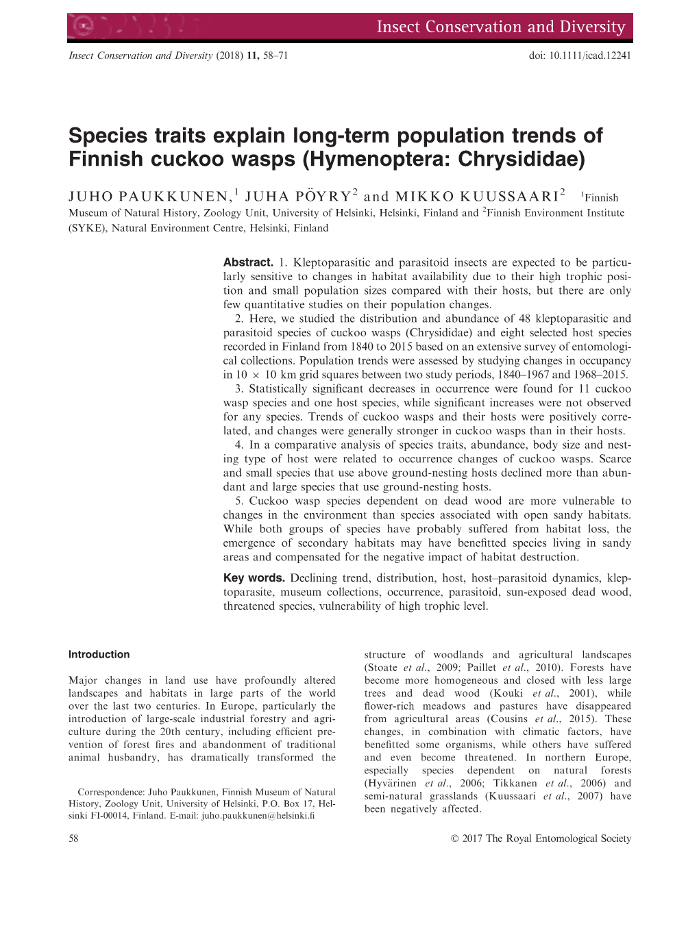 Term Population Trends of Finnish Cuckoo Wasps (Hymenoptera: Chrysididae)