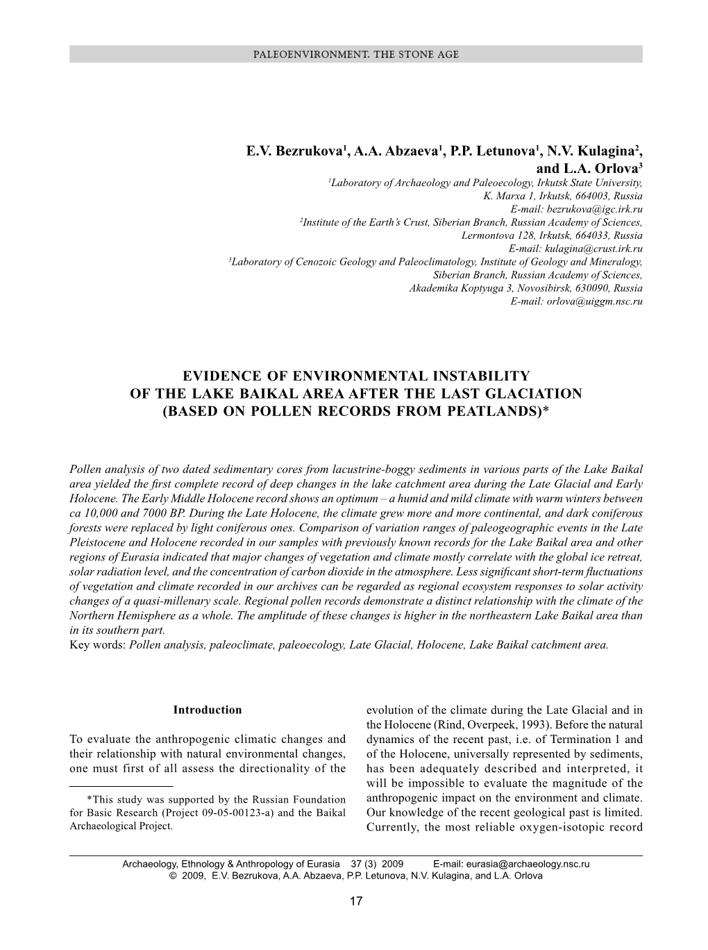 E.V. Bezrukova1, A.A. Abzaeva1, P.P. Letunova1, N.V. Kulagina2, and L.A. Orlova3 EVIDENCE of ENVIRONMENTAL INSTABILITY of the LA