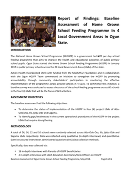 Baseline Assessment of Home Grown School Feeding Programme in 4 Local Government Areas in Ogun