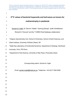 Δ13c Values of Bacterial Hopanoids and Leaf Waxes As Tracers for Methanotrophy in Peatlands