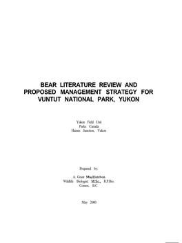 Bear Literature Review and Proposed Management Strategy for Vuntut National Park, Yukon