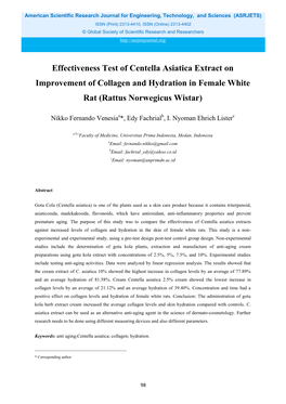 Effectiveness Test of Centella Asiatica Extract on Improvement of Collagen and Hydration in Female White Rat (Rattus Norwegicus Wistar)
