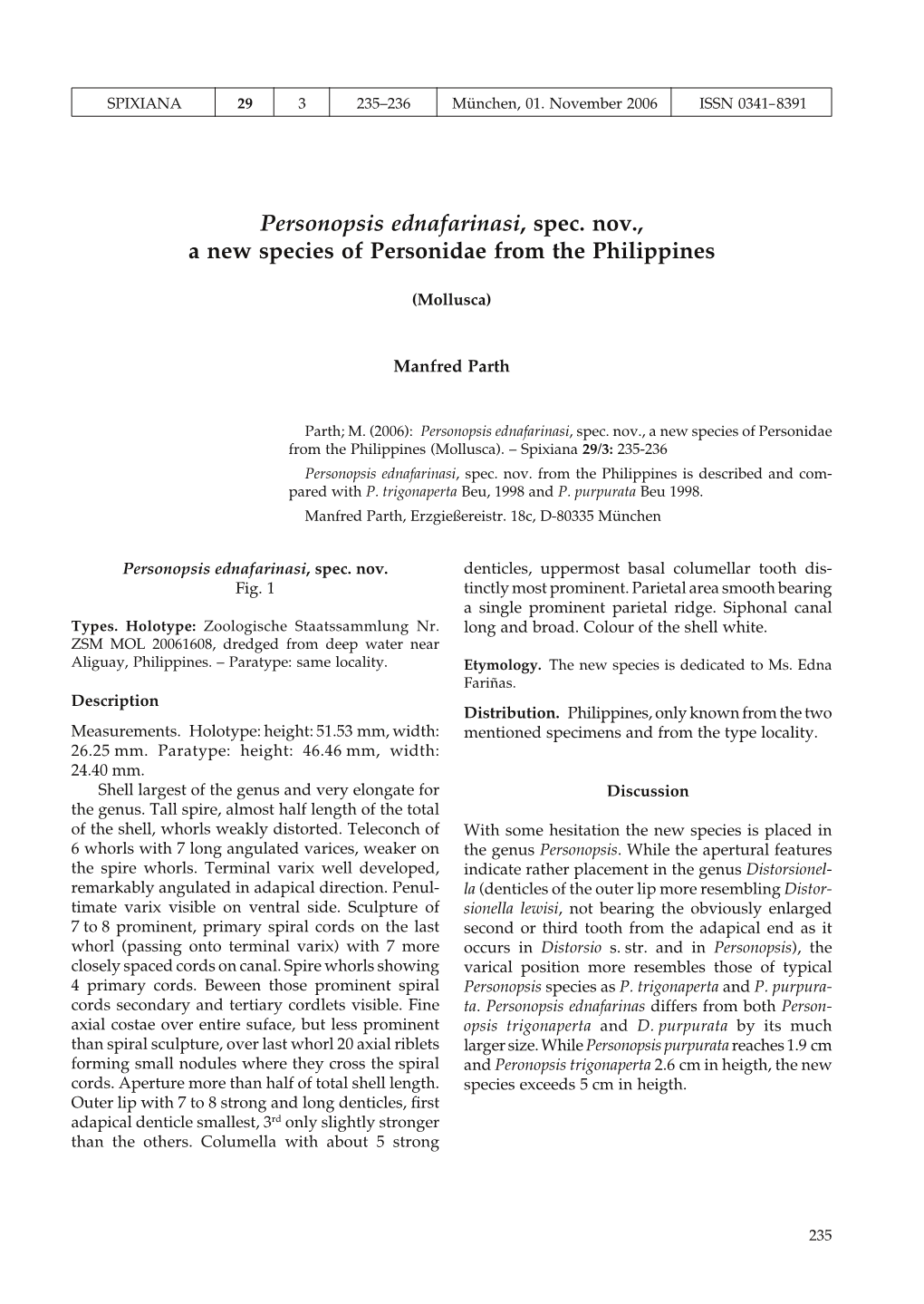 Personopsis Ednafarinasi, Spec. Nov., a New Species of Personidae from the Philippines