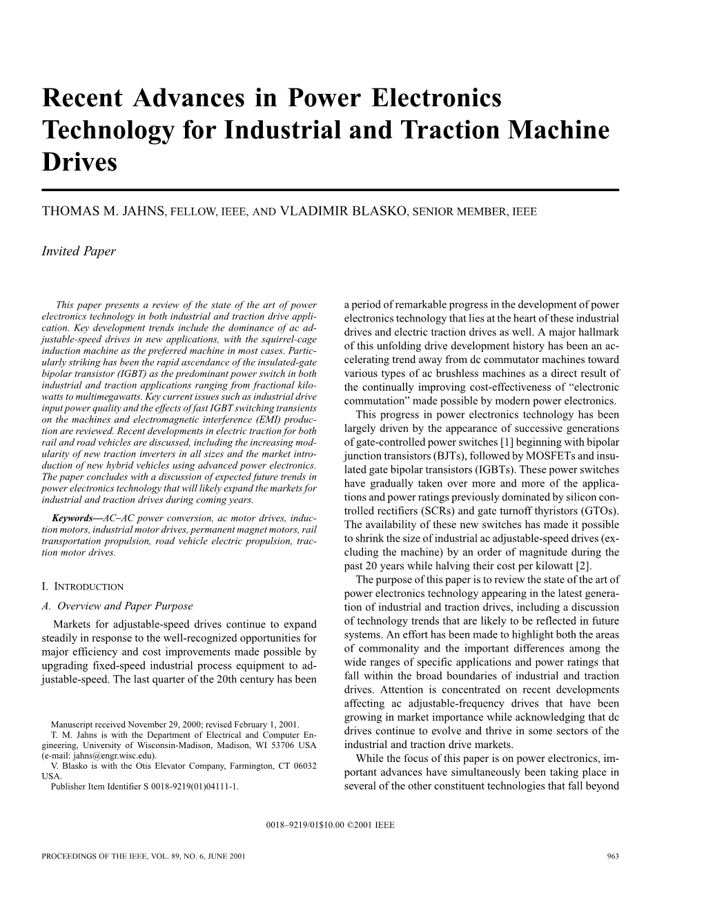 Recent Advances in Power Electronics Technology for Industrial and Traction Machine Drives