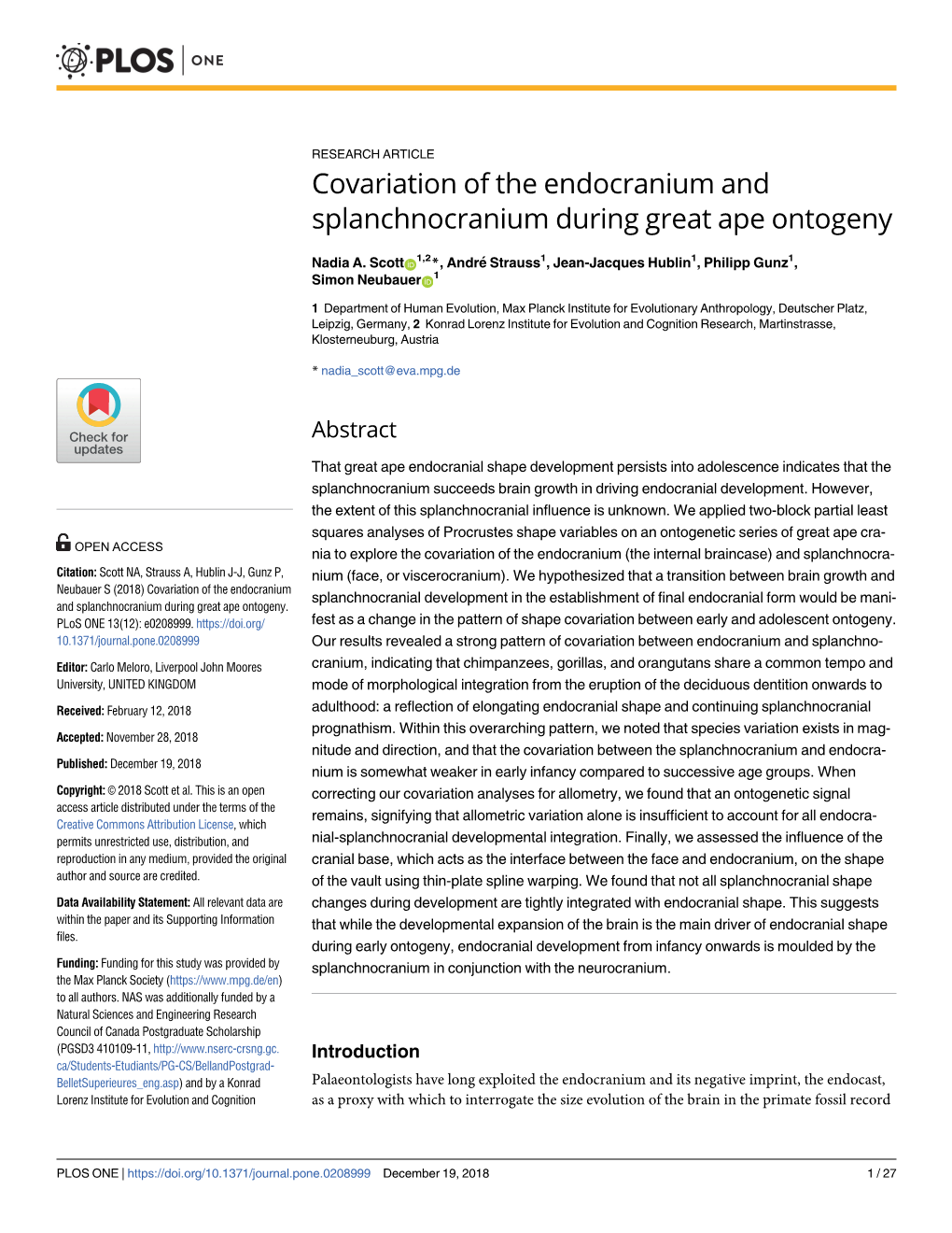 Covariation of the Endocranium and Splanchnocranium During Great Ape Ontogeny