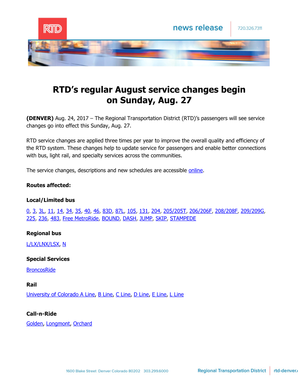 RTD's Regular August Service Changes Begin on Sunday, Aug. 27