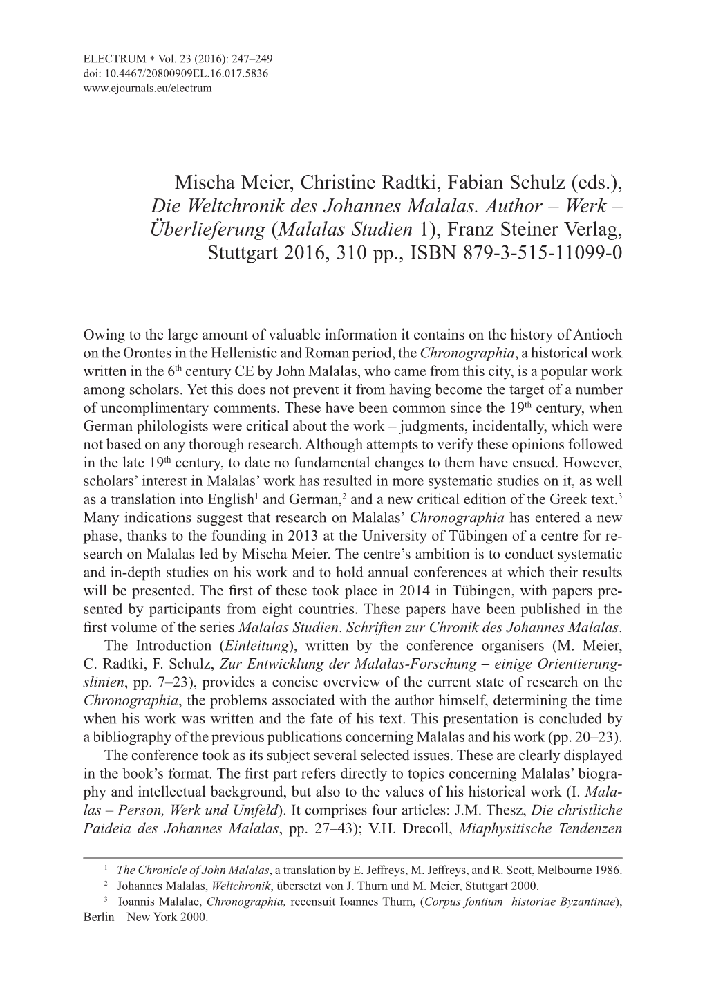 Mischa Meier, Christine Radtki, Fabian Schulz (Eds.), Die Weltchronik Des Johannes Malalas