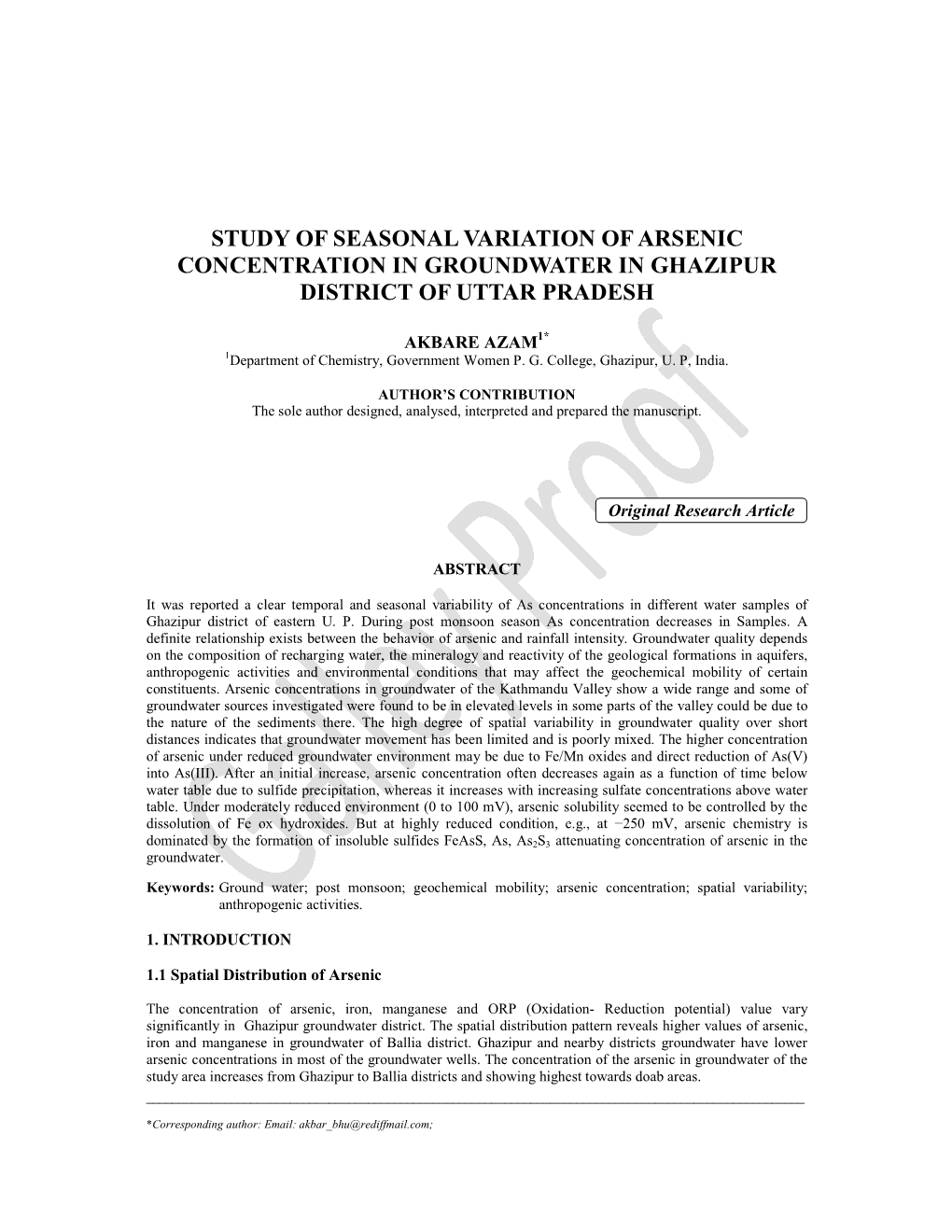 Study of Seasonal Variation of Arsenic Concentration in Groundwater in Ghazipur District of Uttar Pradesh