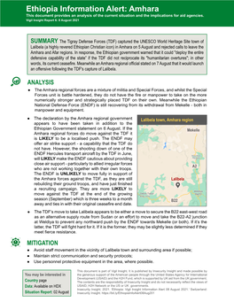 Ethiopia Information Alert: Amhara This Document Provides an Analysis of the Current Situation and the Implications for Aid Agencies