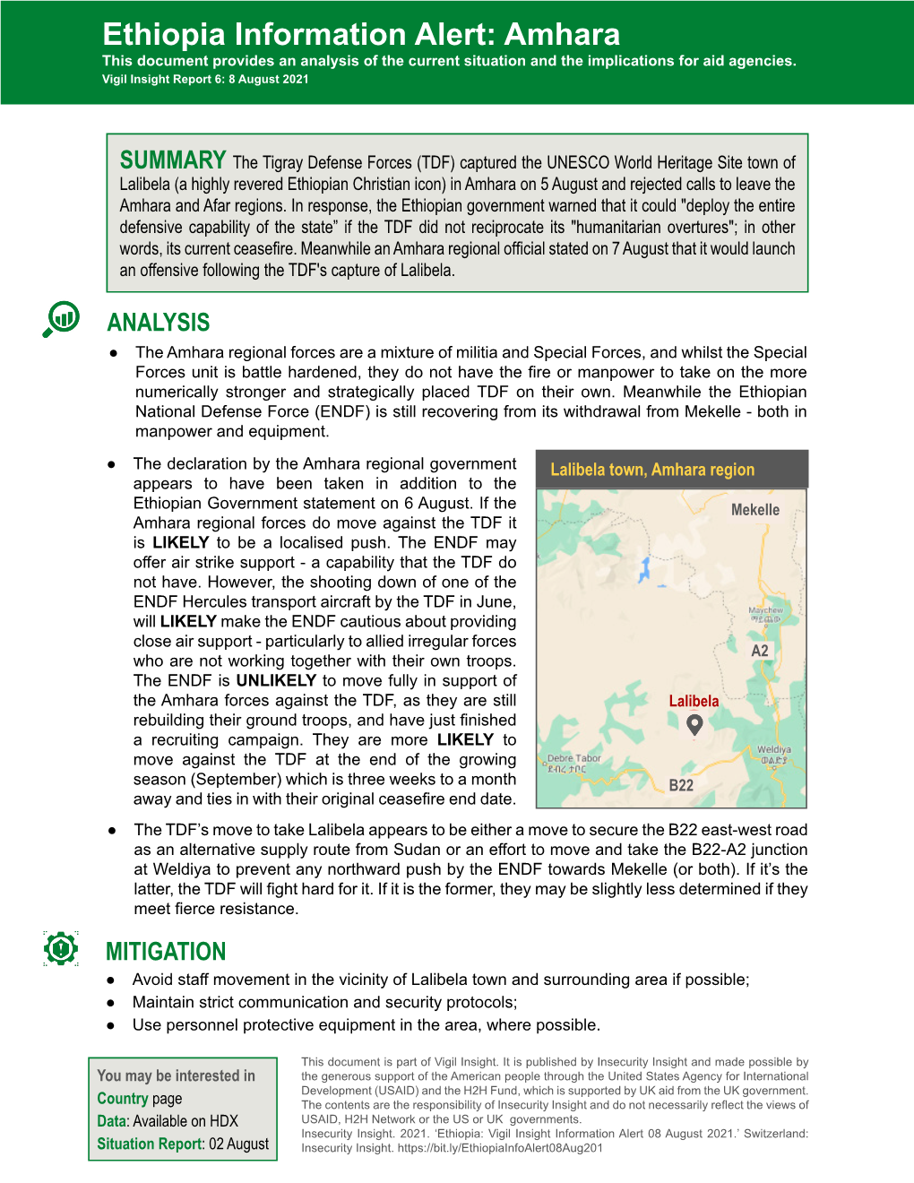 Ethiopia Information Alert: Amhara This Document Provides an Analysis of the Current Situation and the Implications for Aid Agencies