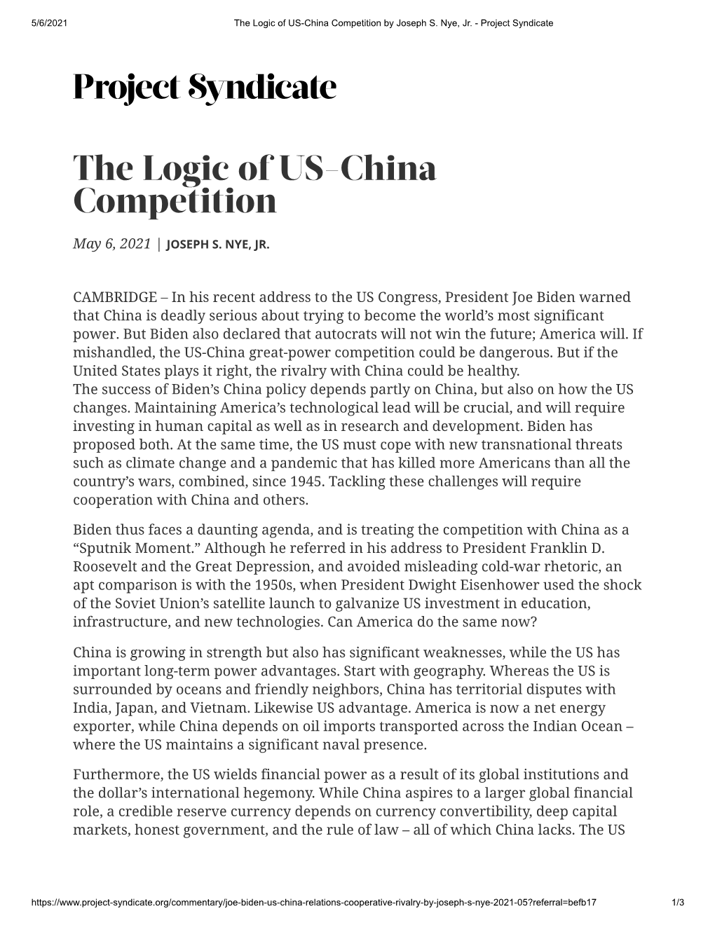 The Logic of US-China Competition by Joseph S