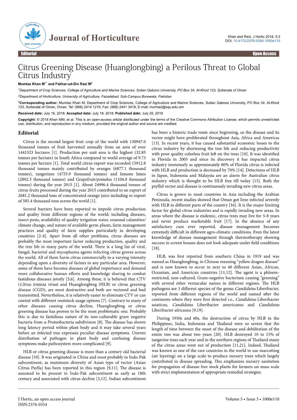 Citrus Greening Disease (Huanglongbing) a Perilous Threat To