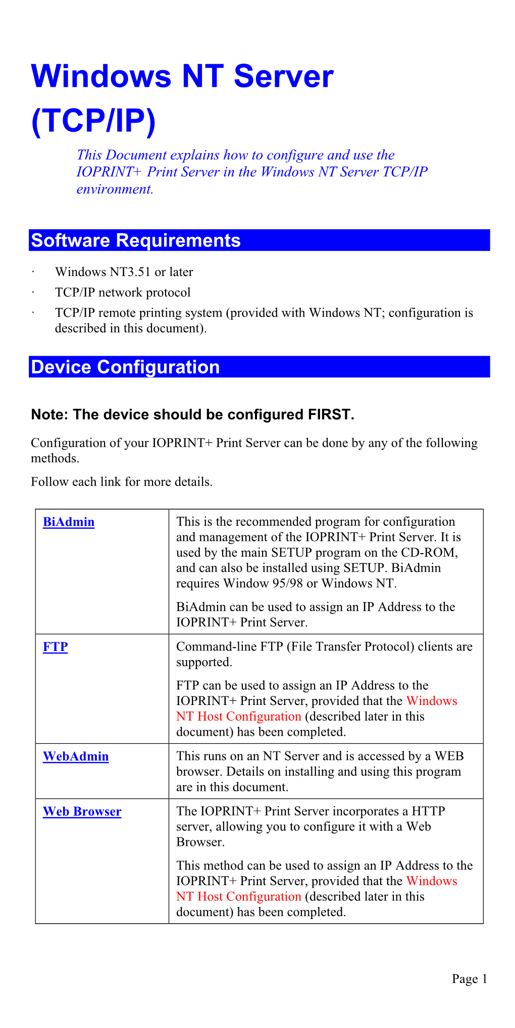 Windows NT Server (TCP/IP) This Document Explains How to Configure and Use the IOPRINT+ Print Server in the Windows NT Server TCP/IP Environment