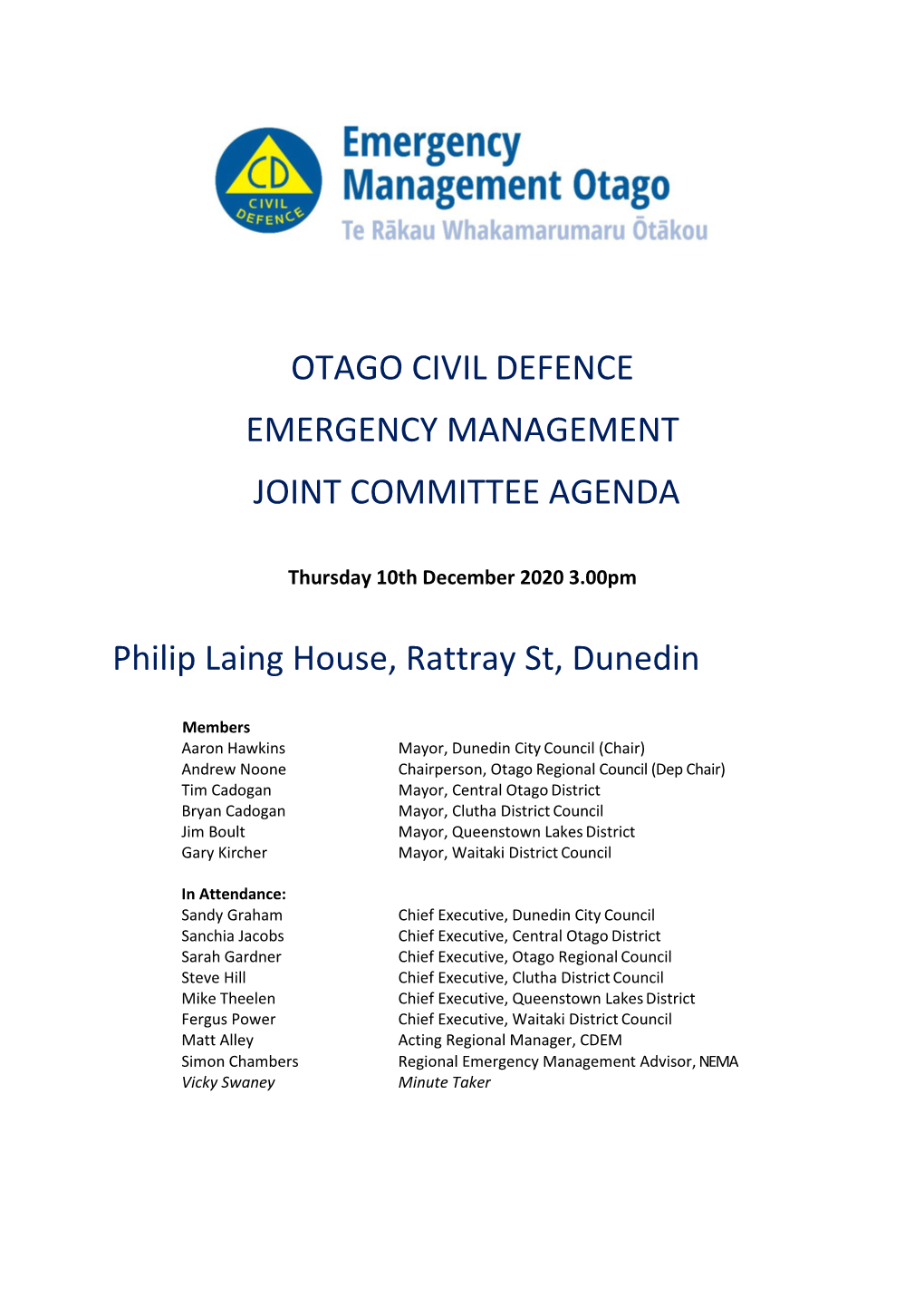 Otago Civil Defence Emergency Management Joint Committee Agenda