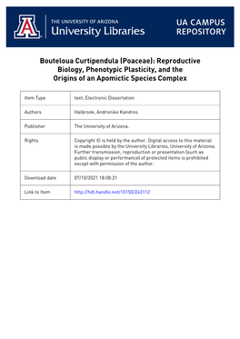 Bouteloua Curtipendula (Poaceae): Reproductive Biology, Phenotypic Plasticity, and the Origins of an Apomictic Species Complex