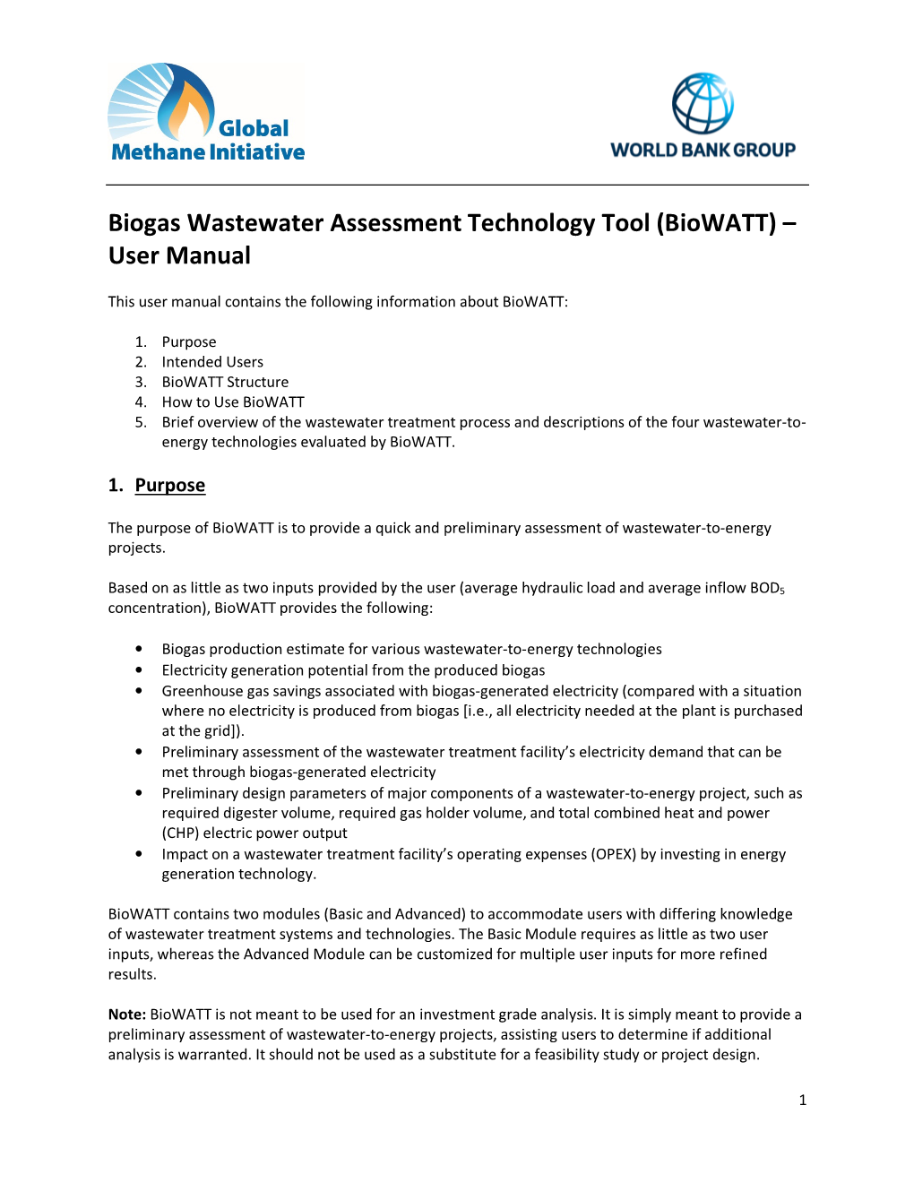 Biogas Wastewater Assessment Technology Tool (Biowatt) – User Manual