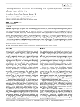 Level of Paranormal Beliefs and Its Relationship with Explanatory Models, Treatment Adherence and Satisfaction