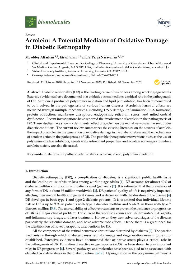 Acrolein: a Potential Mediator of Oxidative Damage in Diabetic Retinopathy