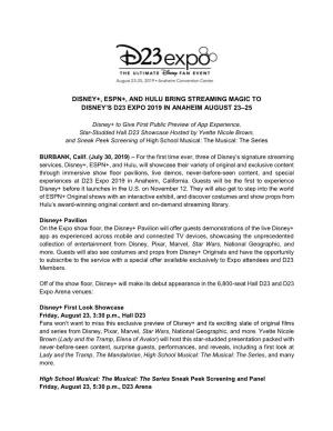 Disney+, Espn+, and Hulu Bring Streaming Magic to Disney’S D23 Expo 2019 in Anaheim August 23–25