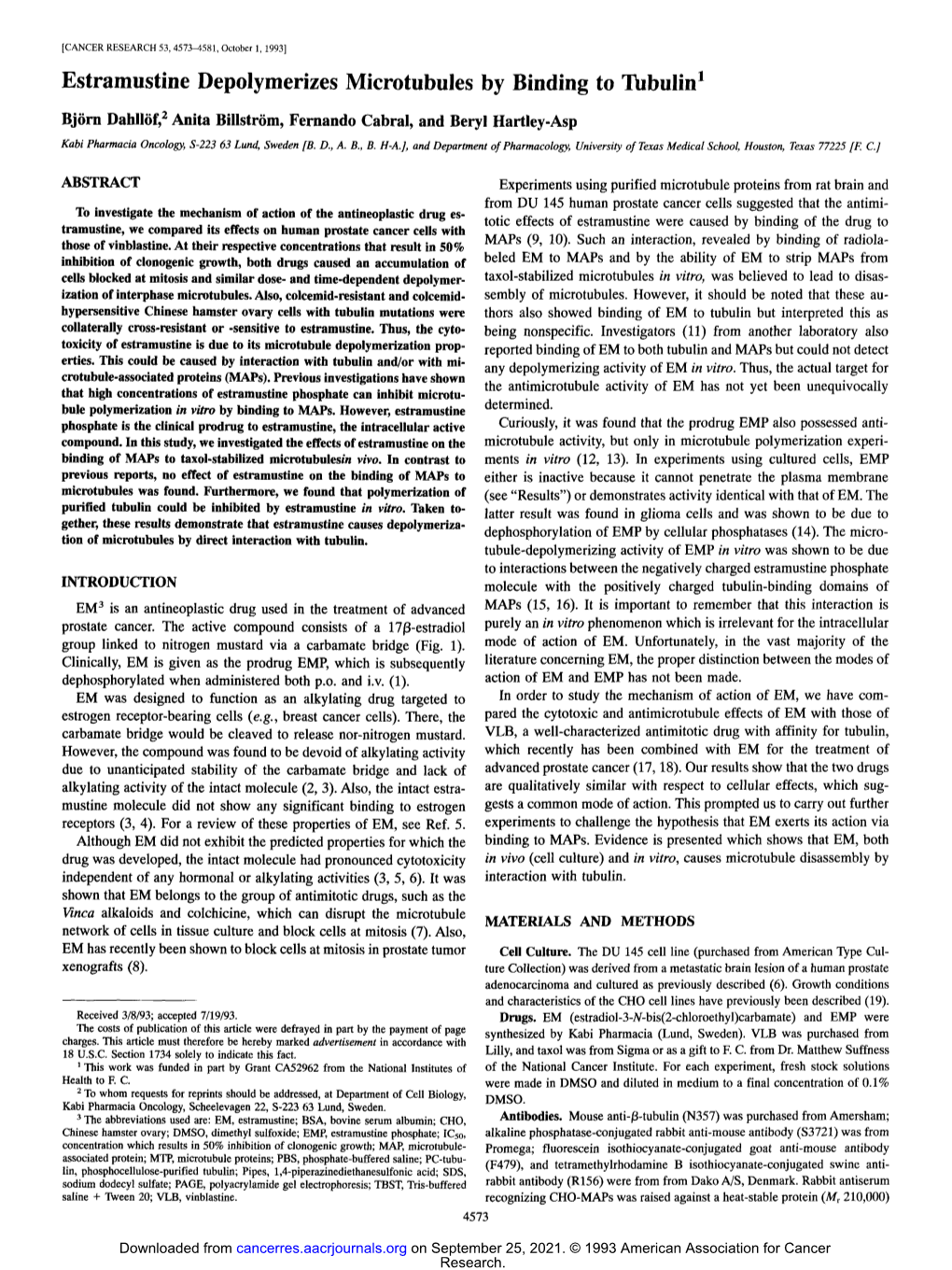 Estramustine Depolymerizes Microtnbules by Binding to Tubulin 1
