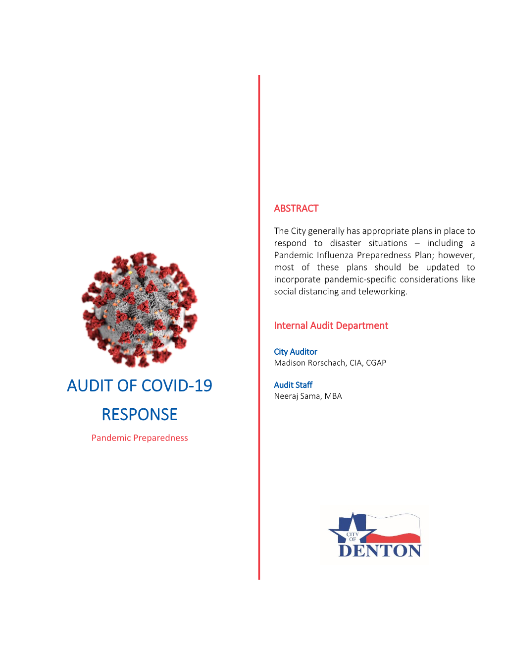Audit of COVID-19 Response: Pandemic Preparedness Table of Contents Audit at a Glance