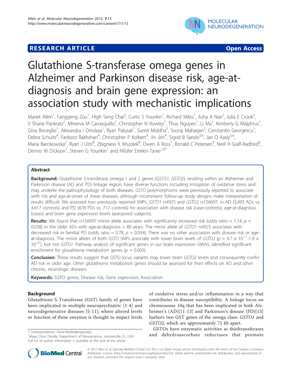 Glutathione S-Transferase Omega Genes in Alzheimer and Parkinson