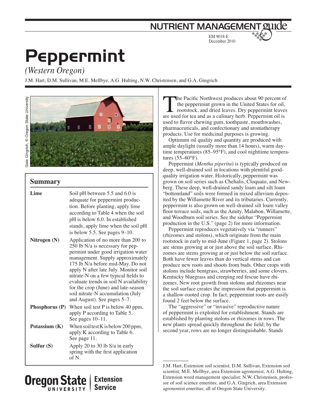 Peppermint (Western Oregon) Nutrient Management Guide