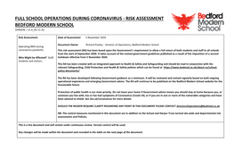 Full School Operations During Coronavirus - Risk Assessment