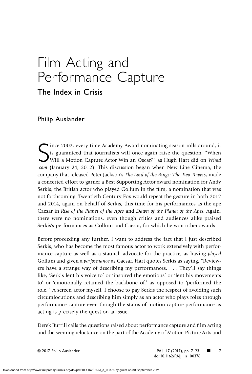 Film Acting and Performance Capture the Index in Crisis
