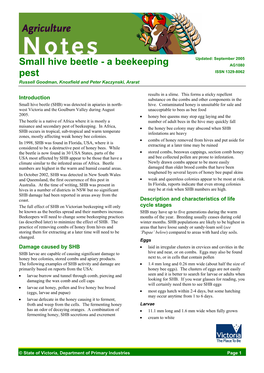 Small Hive Beetle - a Beekeeping AG1080 Pest ISSN 1329-8062 Russell Goodman, Knoxfield and Peter Kaczynski, Ararat