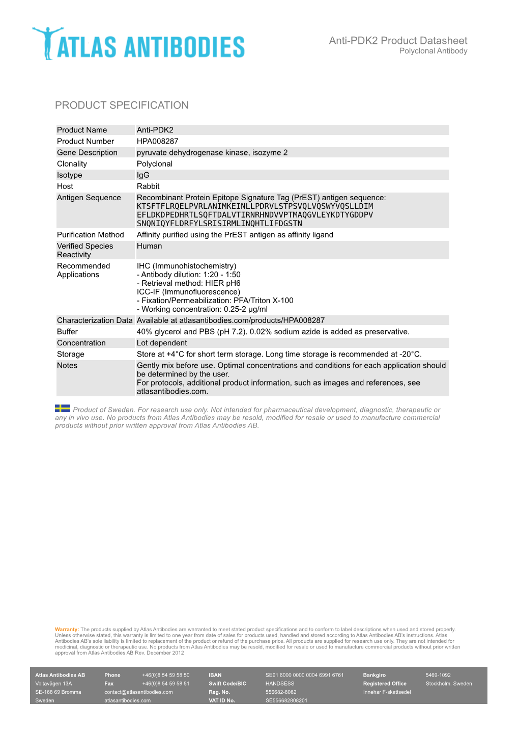 PRODUCT SPECIFICATION Anti-PDK2 Product Datasheet