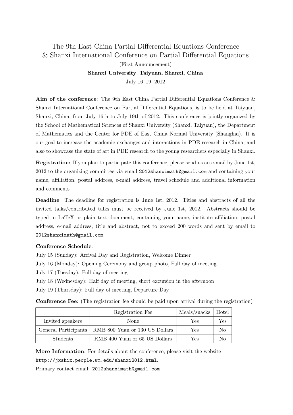 The 9Th East China Partial Differential Equations Conference & Shanxi