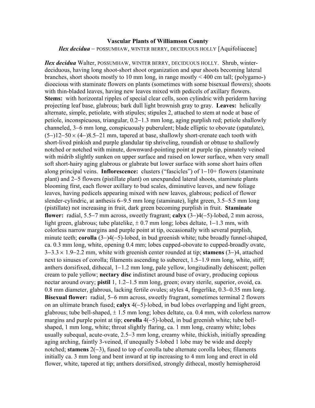 Vascular Plants of Williamson County Ilex Decidua Walter, POSSUMHAW