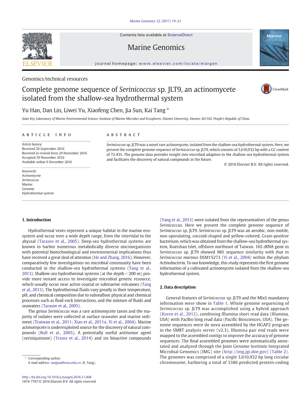 Complete Genome Sequence of Serinicoccus Sp. JLT9, an Actinomycete Isolated from the Shallow-Sea Hydrothermal System