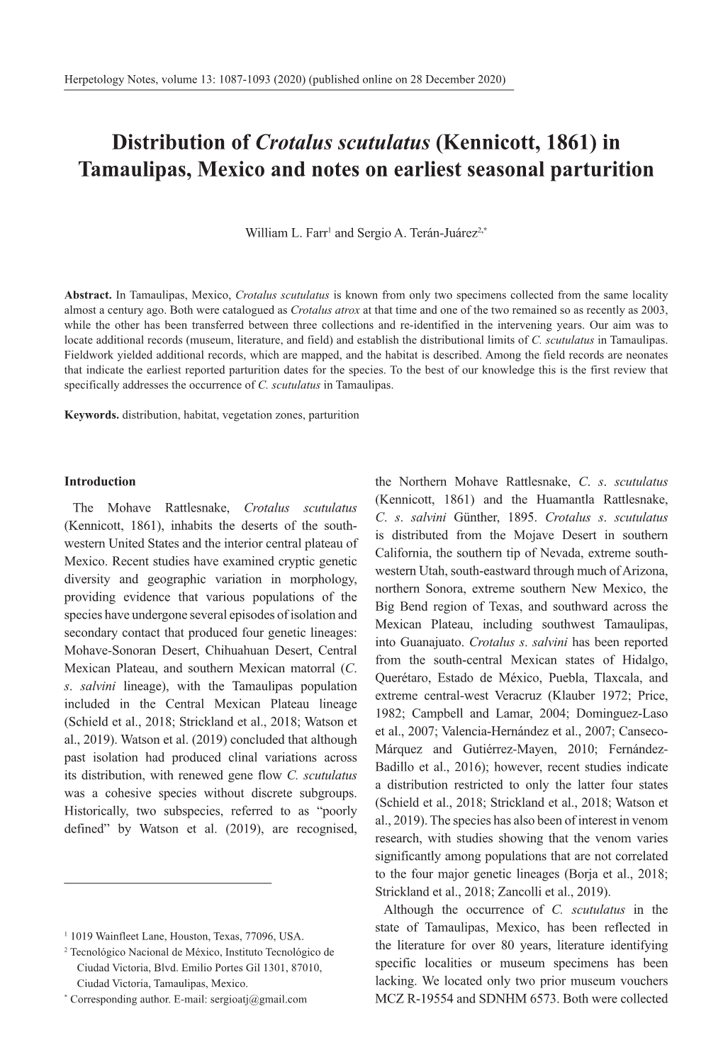 Distribution of Crotalus Scutulatus (Kennicott, 1861) in Tamaulipas, Mexico and Notes on Earliest Seasonal Parturition