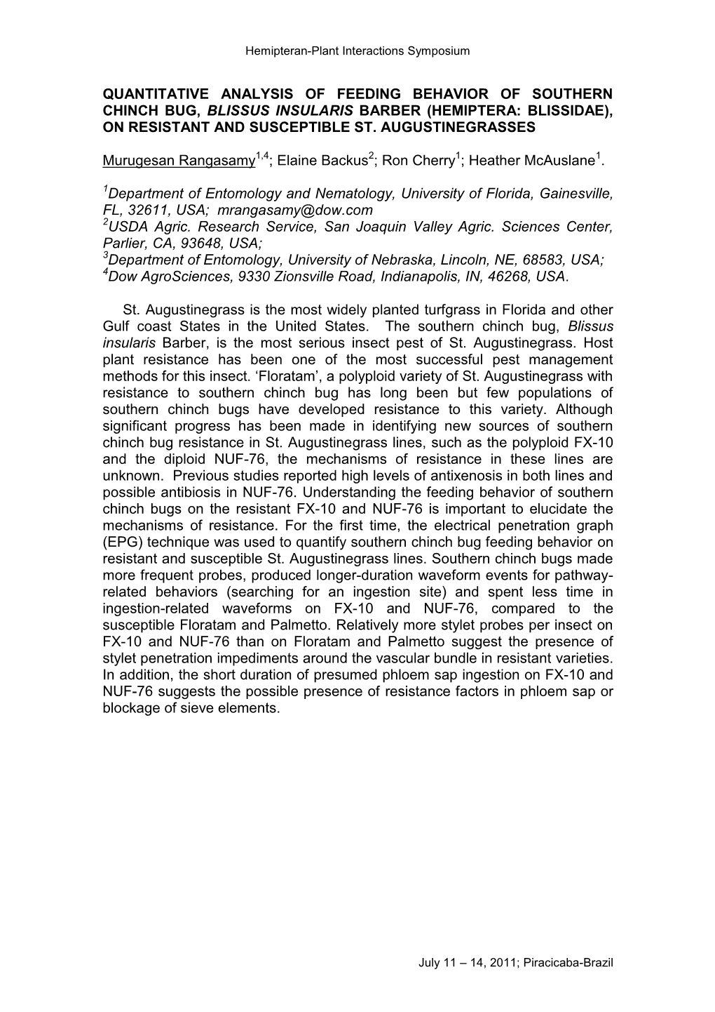 Hemiptera: Blissidae), on Resistant and Susceptible St