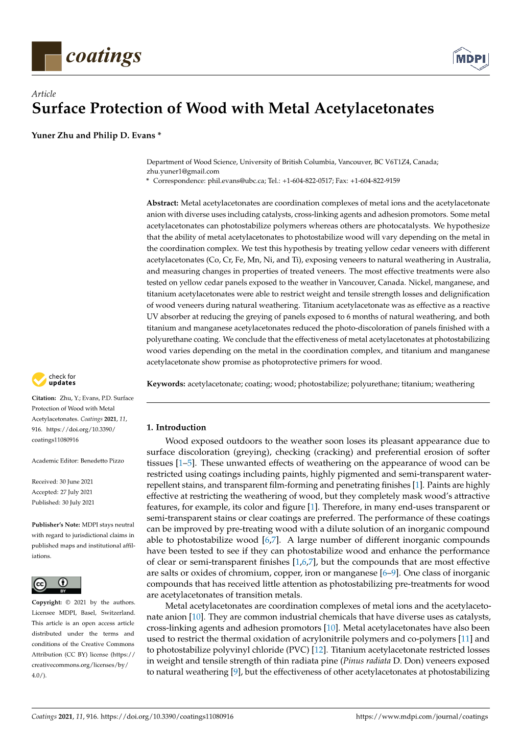 Surface Protection of Wood with Metal Acetylacetonates