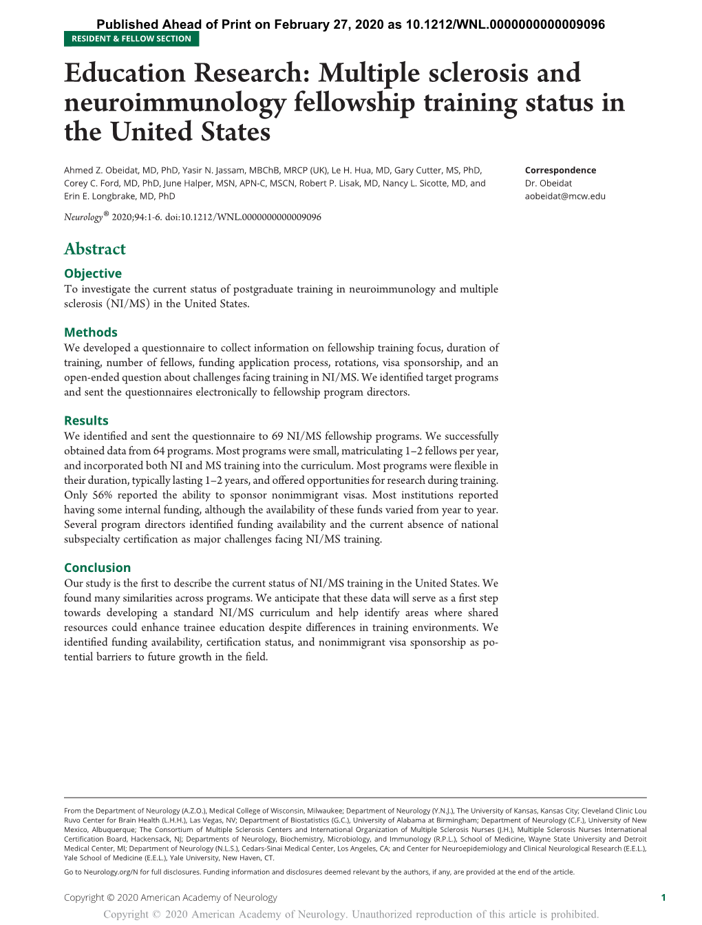 Education Research: Multiple Sclerosis and Neuroimmunology Fellowship Training Status in the United States