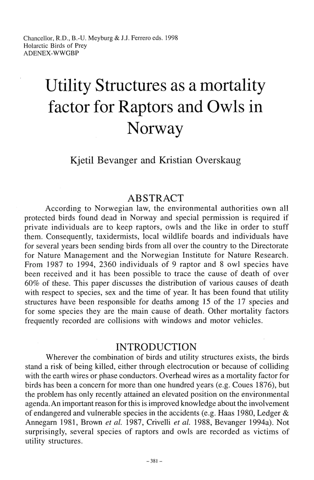 Utility Structures As a Mortality Factor for Raptors and Owls in Norway