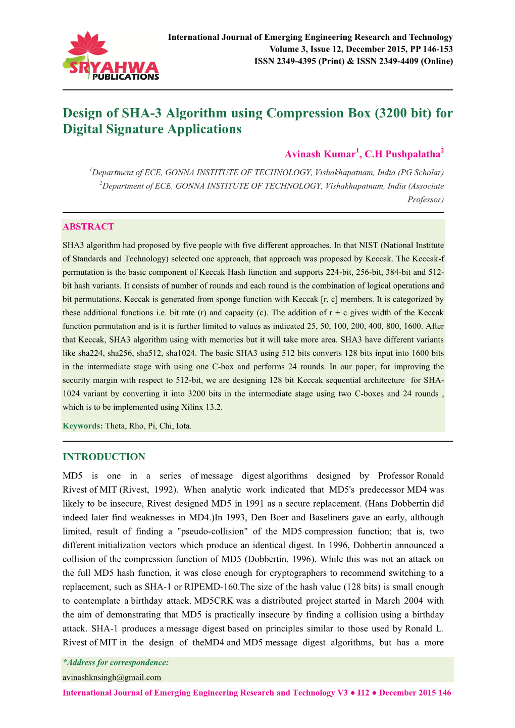 Design of SHA-3 Algorithm Using Compression Box (3200 Bit) for Digital Signature Applications