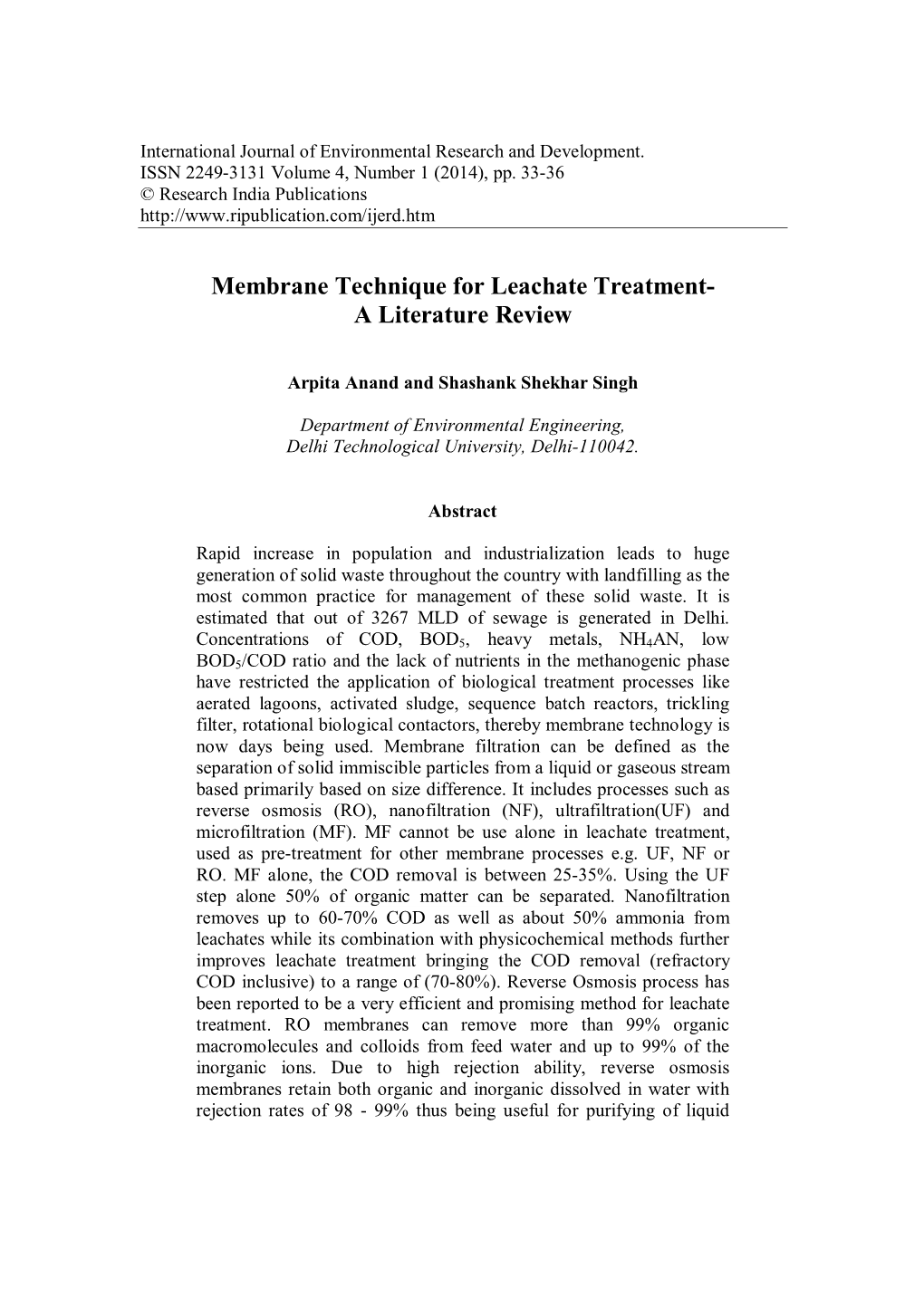 Membrane Technique for Leachate Treatment- a Literature Review