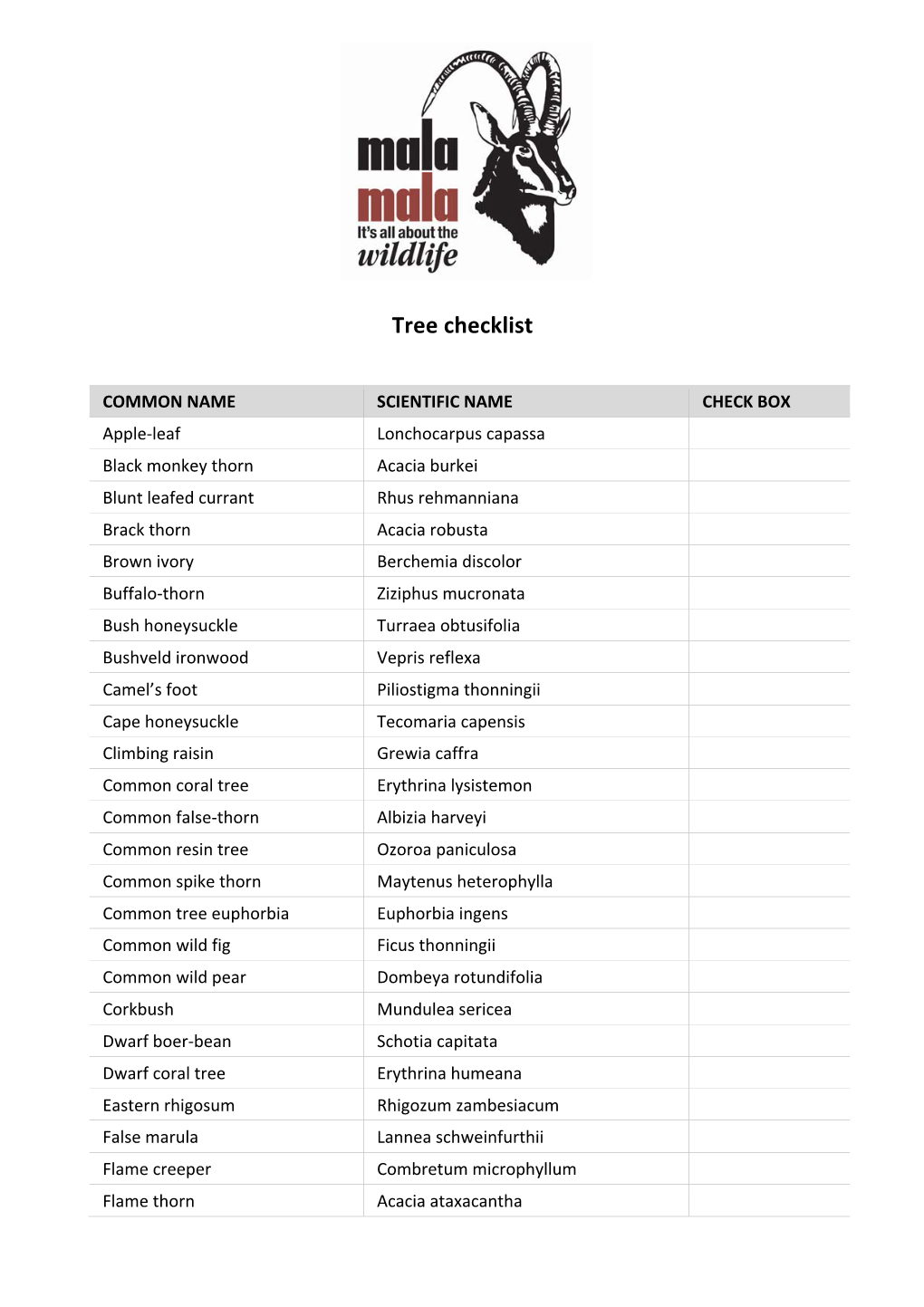 Tree Species List