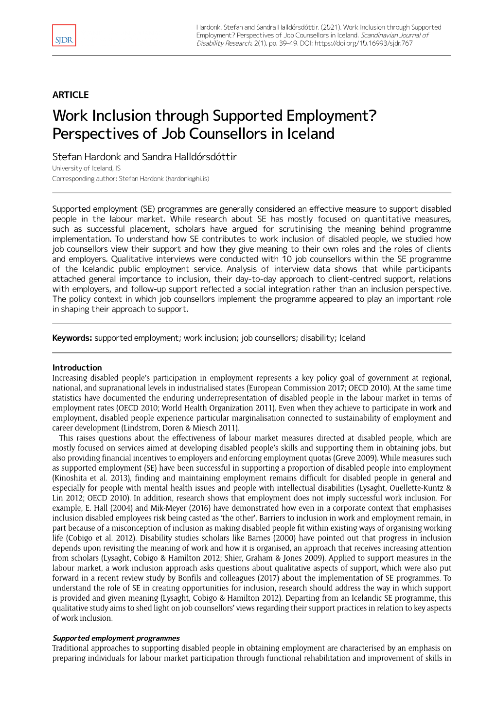 Work Inclusion Through Supported Employment? Perspectives of Job Counsellors in Iceland