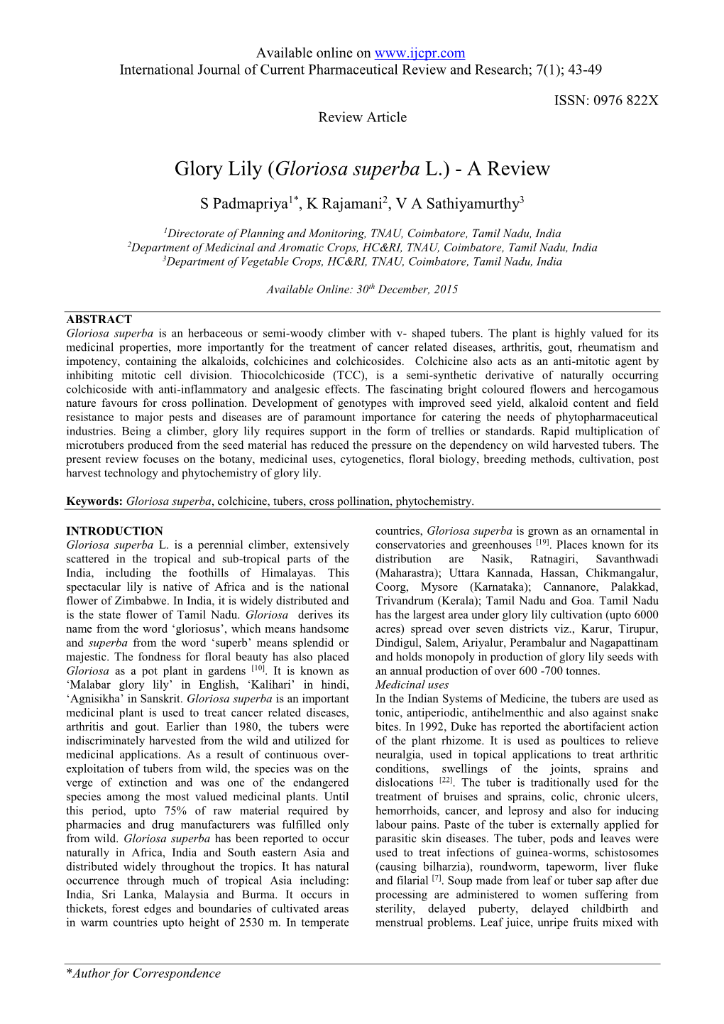 Glory Lily (Gloriosa Superba L.) - a Review