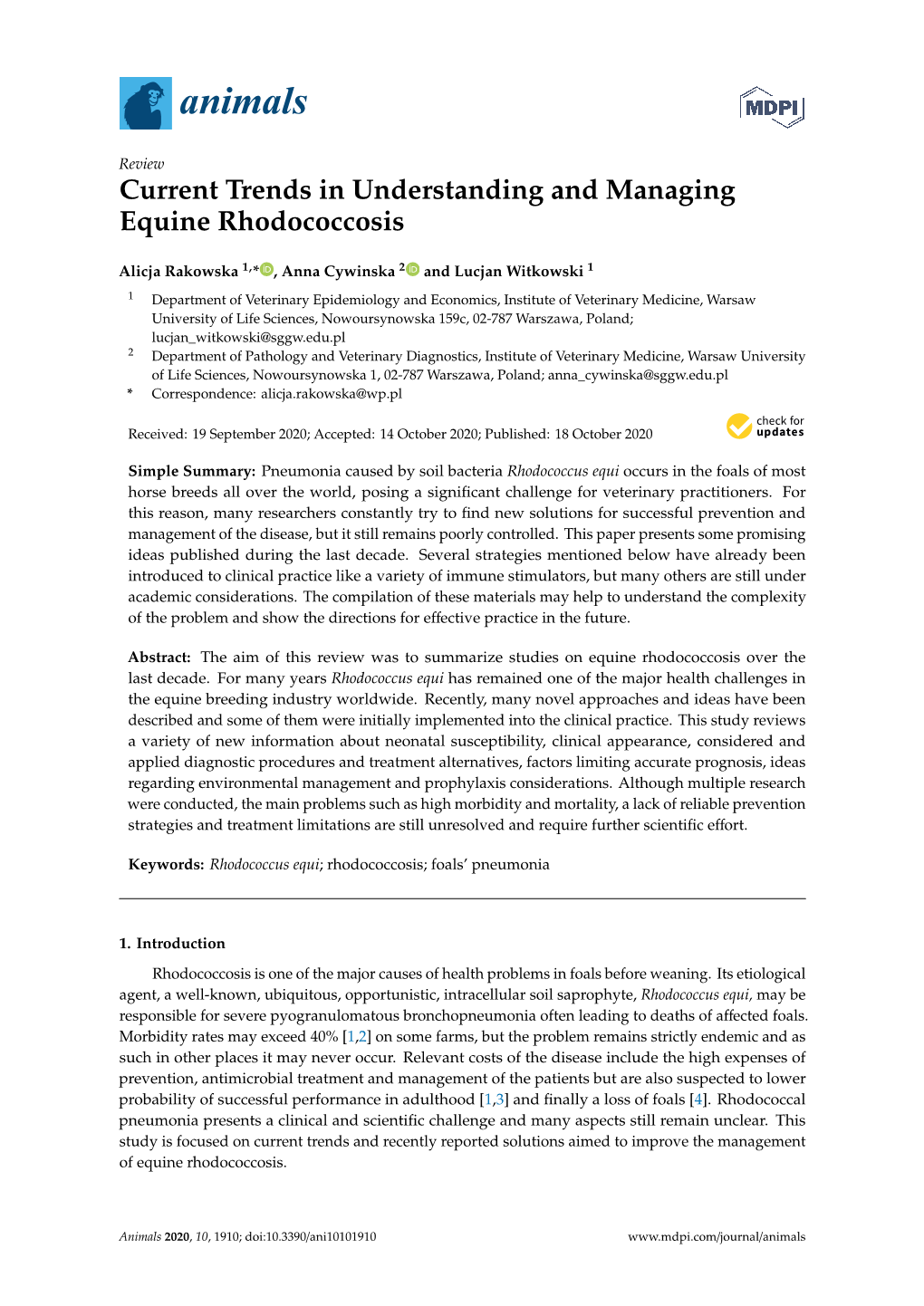 Current Trends in Understanding and Managing Equine Rhodococcosis