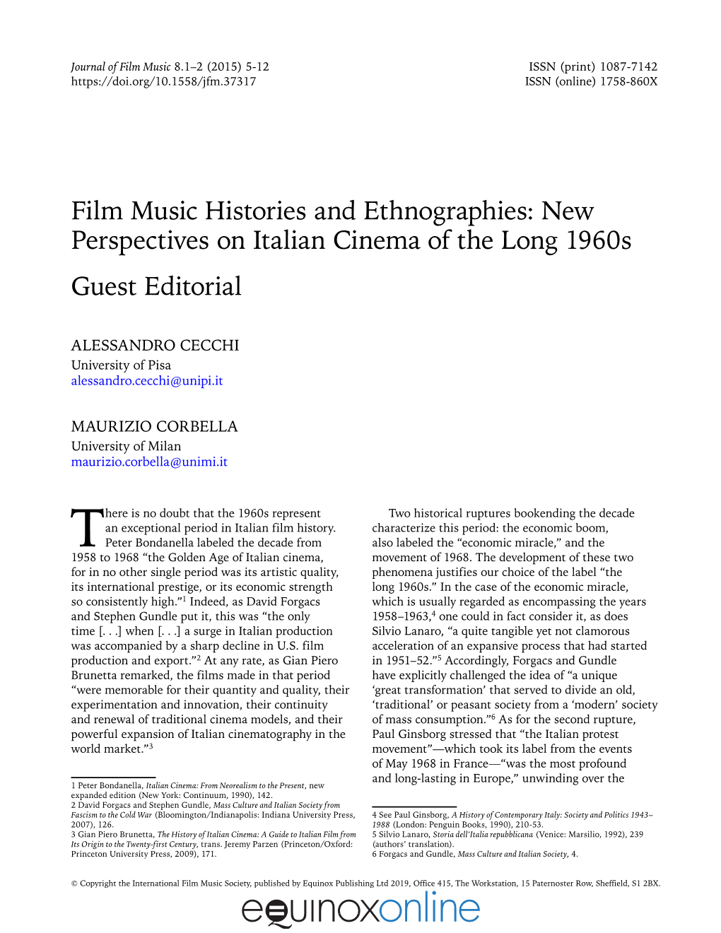 New Perspectives on Italian Cinema of the Long 1960S Guest Editorial