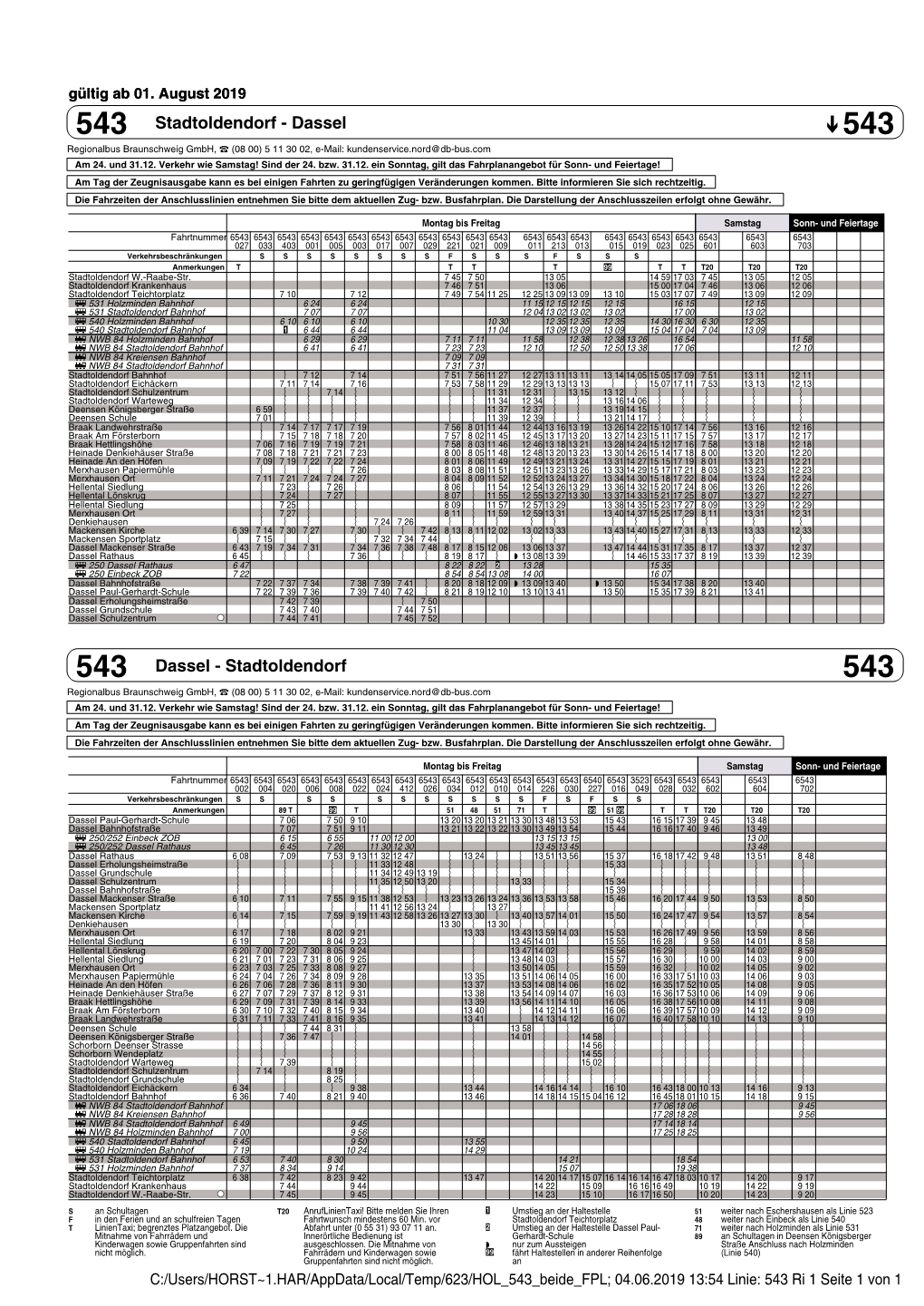 543 Stadtoldendorf - Dassel 543 Regionalbus Braunschweig Gmbh, ` (08 00) 5 11 30 02, E-Mail: Kundenservice.Nord@Db-Bus.Com Am 24