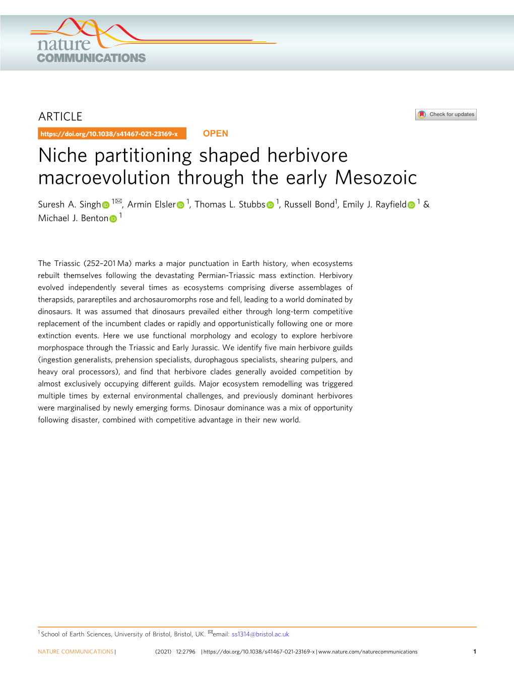 Niche Partitioning Shaped Herbivore Macroevolution Through the Early Mesozoic ✉ Suresh A