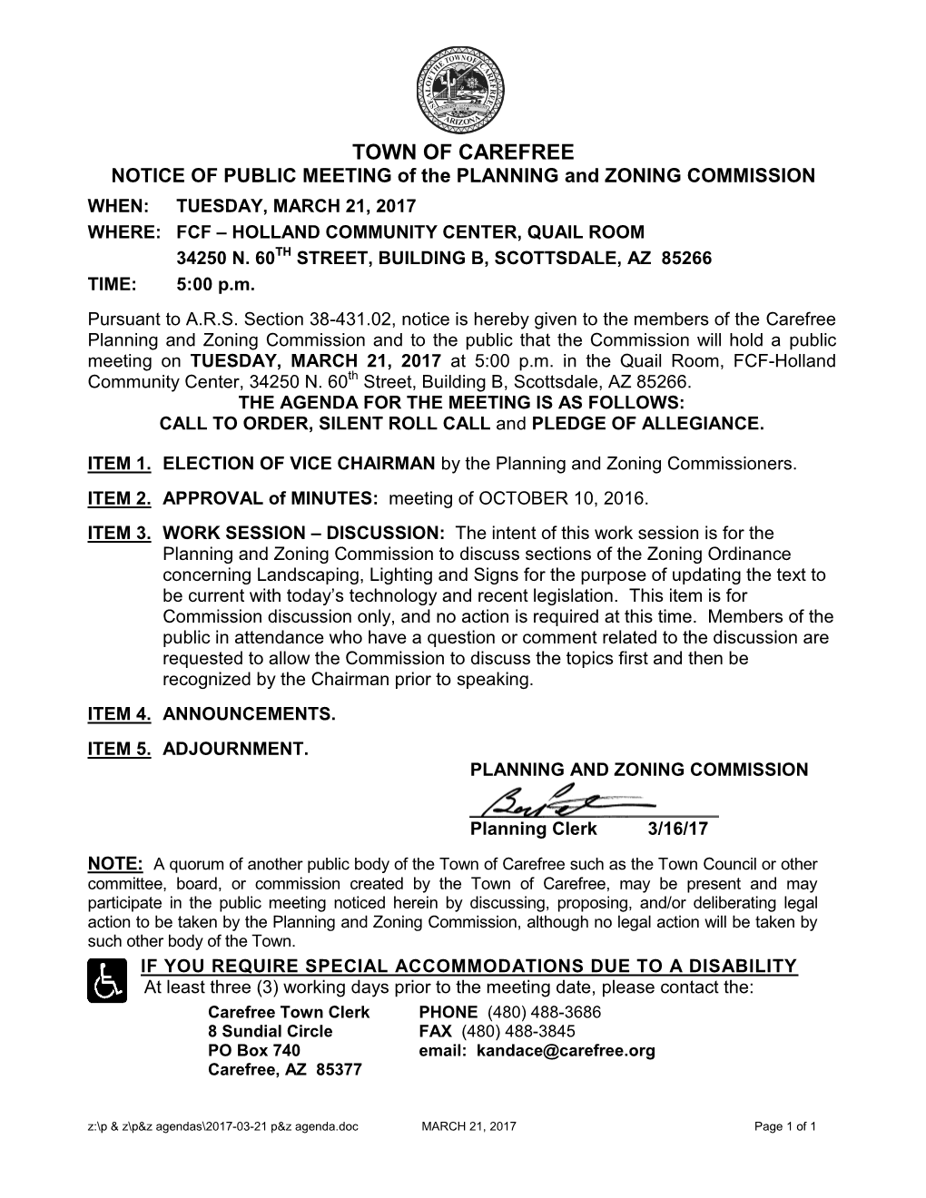 TOWN of CAREFREE NOTICE of PUBLIC MEETING of the PLANNING and ZONING COMMISSION